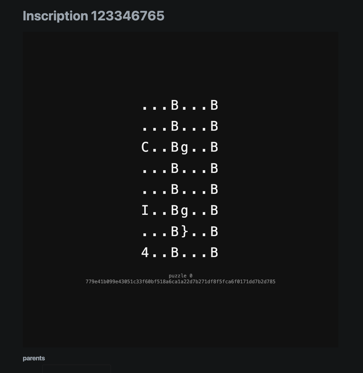 The Ordinals inscription rendering of puzzle 0's solved ASCII grid, with the puzzle index and solve TXID printed beneath.