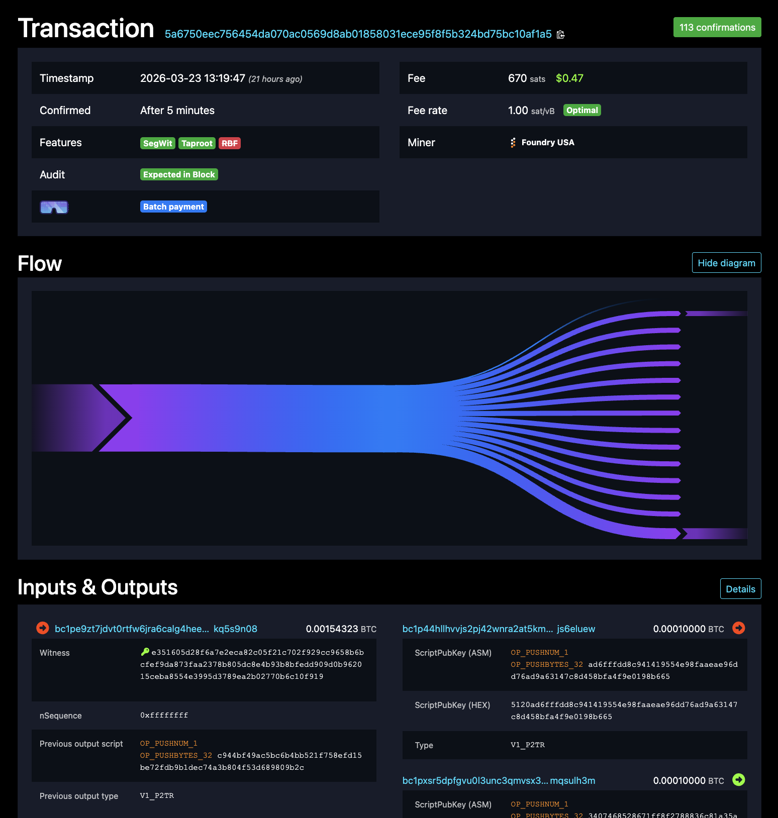 The puzzle 0 spend transaction on mempool.space, showing one input and many small Taproot outputs in the flow diagram.