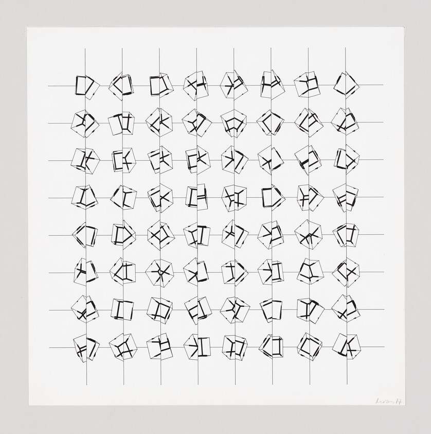 Manfred Mohr, P-197-F. A black square with dense overlapping white line projections from higher-dimensional geometry.