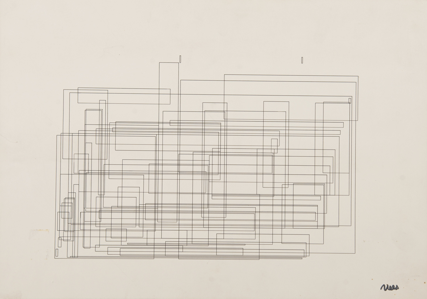 Georg Nees, Achsenparalleler Irrweg. A plotter drawing of an irregular path drawn from axis-aligned segments on a square field.